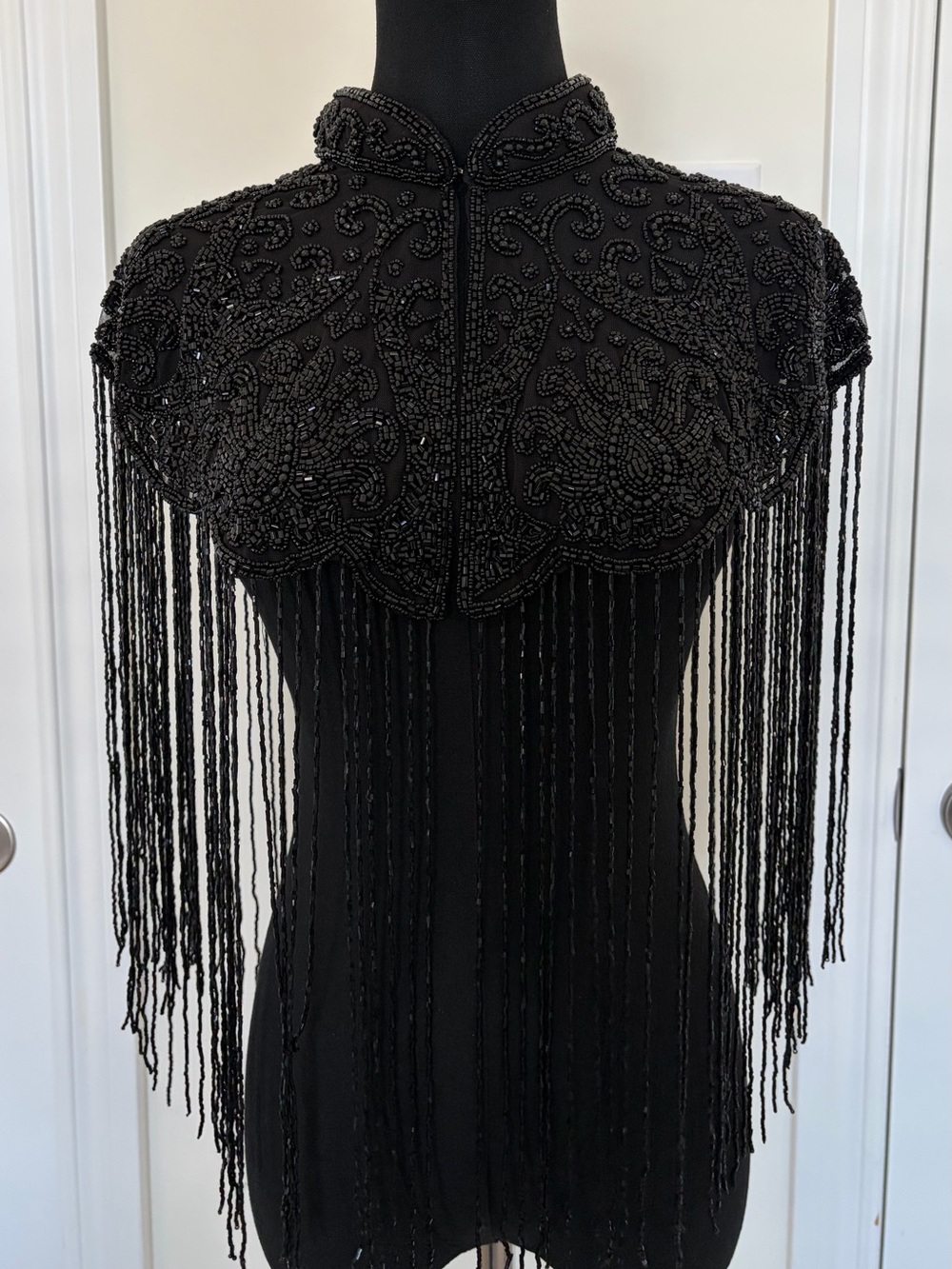 Handmade Black Beaded Fringe Capelet Art Deco Evening Wrap | One Size
